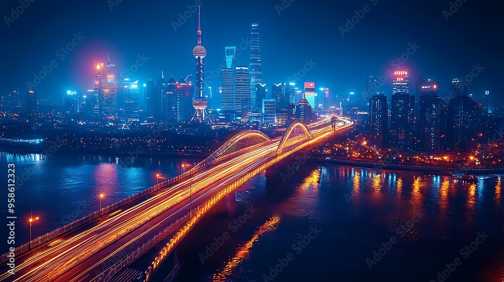 A night cityscape of Shanghai with a glowing bridge and busy traffic lights, capturing the dynamic essence of the city at night.