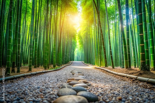 peaceful, journey, stones, zen, close-up, A close up stock photo of a pebble stone path surrounded by a vibrant green bamboo forest with a bright sunlit opening in the distance
