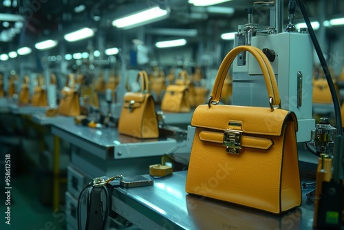 A row of yellow leather handbags on a production line