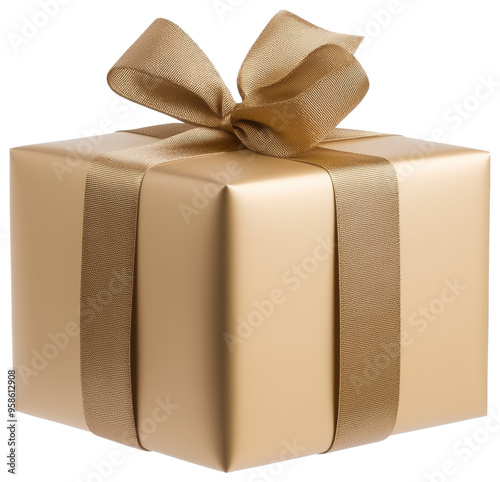 Obraz na płótnie A beautifully wrapped golden gift box adorned with a satin ribbon isolated on transparent background. w salonie