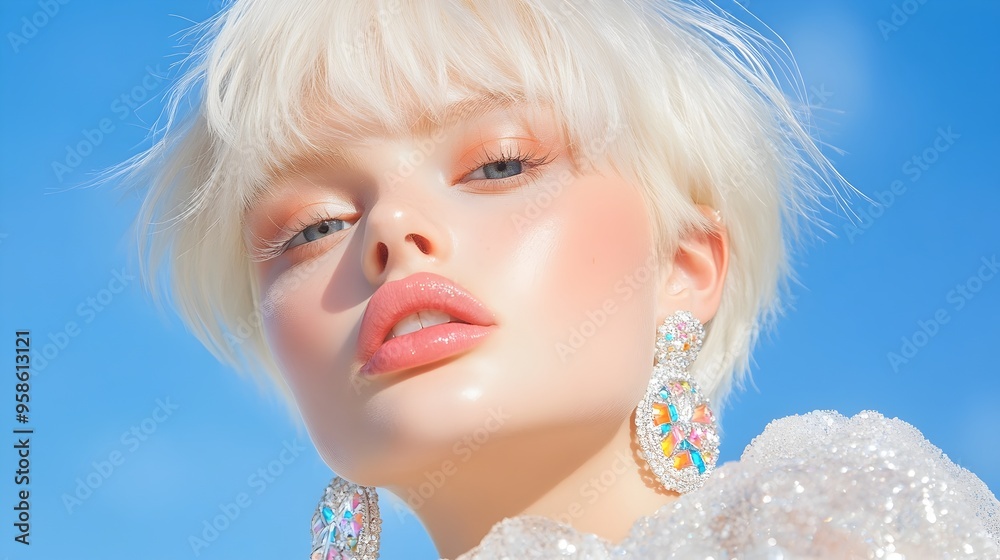 Captivating Blonde Beauty in Ethereal Blue Studio Portrait Captivating Blonde Beauty in Ethereal Blue Studio Portrait