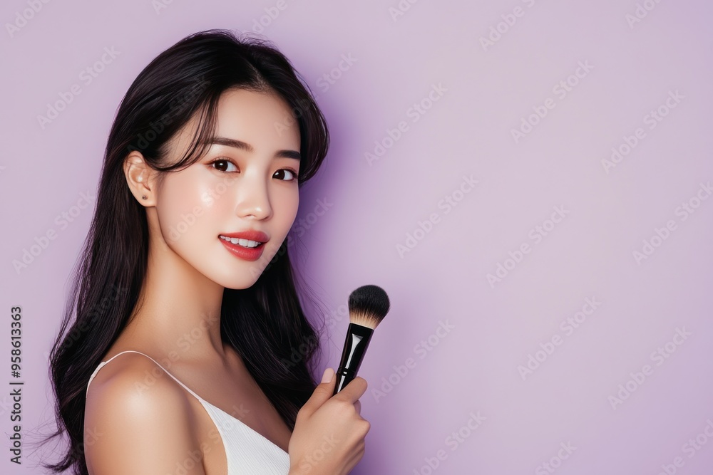 Woman with Long Black Hair Holding a Makeup Brush Woman with Long Black Hair Holding a Makeup Brush