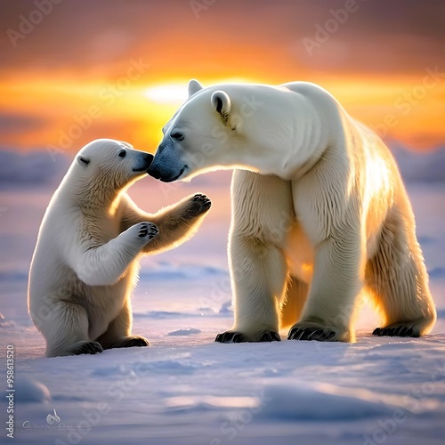 Polar bear mother and cub on the pack ice