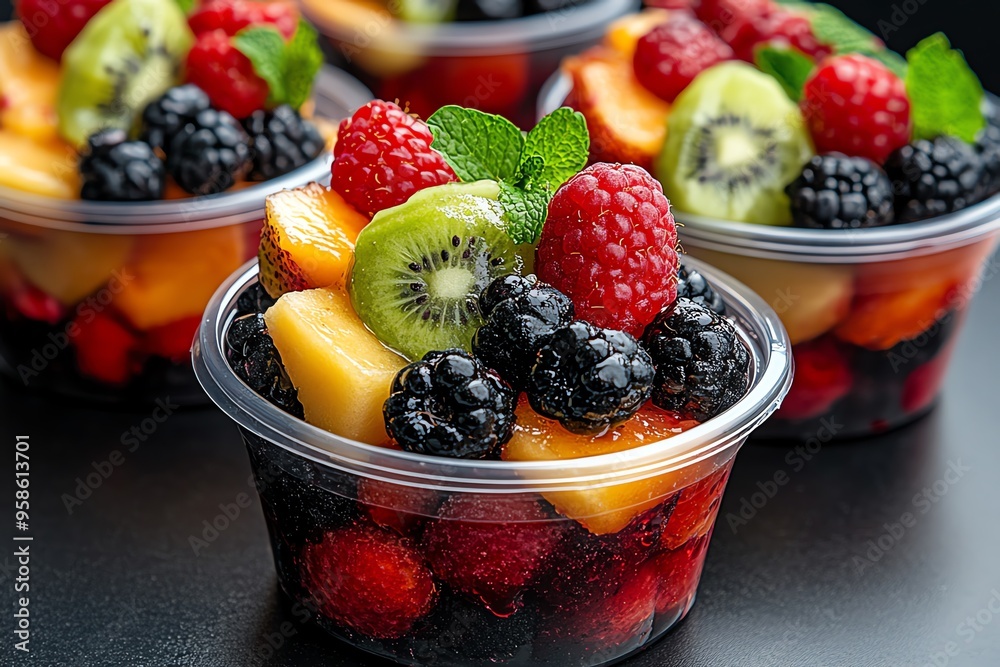 Canteen fruit bar, ripe berries, juicy slices provide a refreshing and healthy dessert option Canteen fruit bar, ripe berries, juicy slices provide a refreshing and healthy dessert option