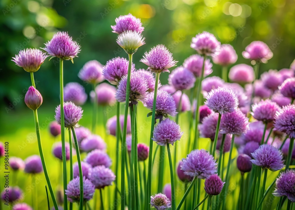 Delicate purple flowered chives swaying gently in a rustic garden setting, surrounded by lush greenery, capturing the Delicate purple flowered chives swaying gently in a rustic garden setting, surrounded by lush greenery, capturing the