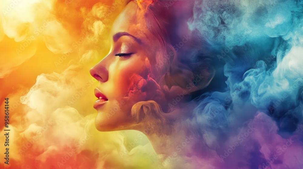 Fototapeta premium A Woman's Face Emerging from Colorful Smoke