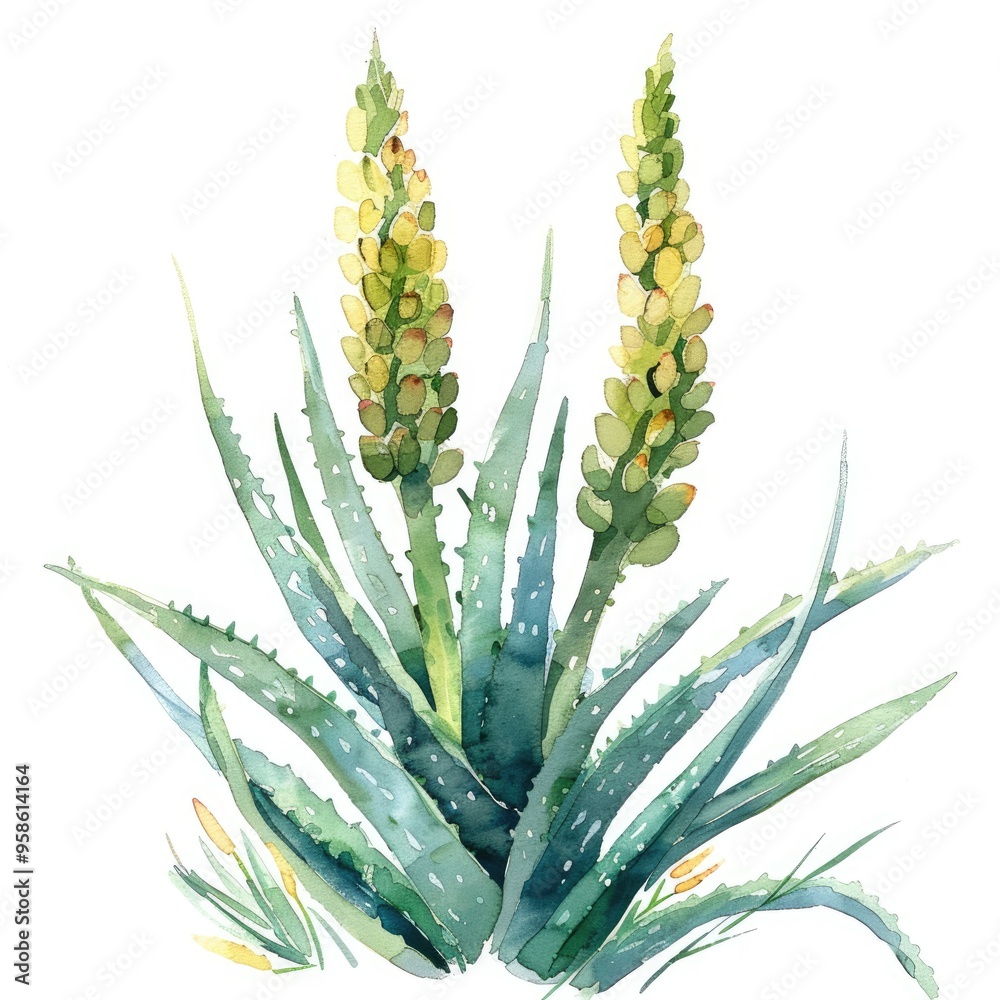 Aloe Vera Plant from the South of Africa. Watercolor Illustration on White Background Aloe Vera Plant from the South of Africa. Watercolor Illustration on White Background