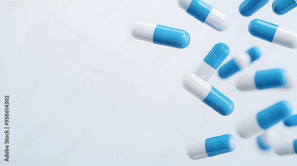 Vibrant Blue and White Medical Capsules on Minimalist Background Vibrant Blue and White Medical Capsules on Minimalist Background