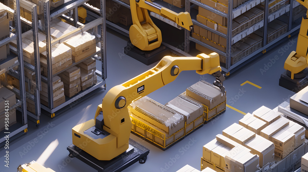 Isometric perspective of a group of yellow robot arms at a loading dock,  3D. The image, influenced  shows a dynamic warehouse with packages on shelves.