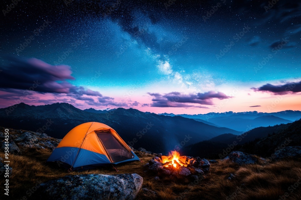 A stunning image showing a tent and campfire on a mountain plateau under a vibrant, starry night sky, capturing the essence of adventure, peace, and the beauty of nature. A stunning image showing a tent and campfire on a mountain plateau under a vibrant, starry night sky, capturing the essence of adventure, peace, and the beauty of nature.