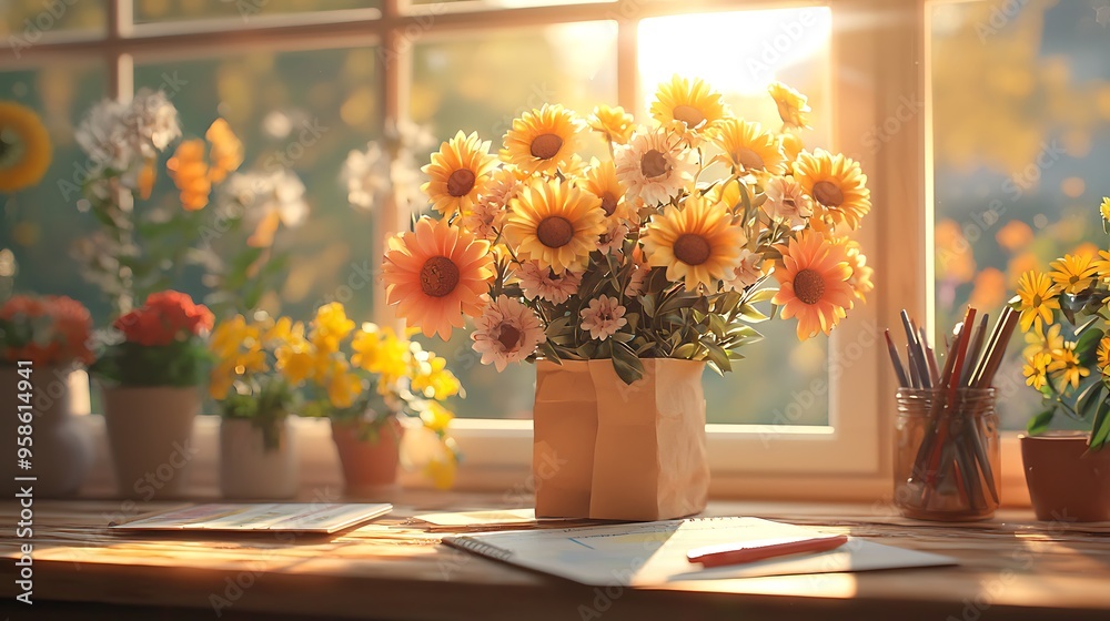 A sunny windowsill adorned with yellow flowers in a paper bag, notebooks, and pencils, capturing a bright and cheerful workspace. A sunny windowsill adorned with yellow flowers in a paper bag, notebooks, and pencils, capturing a bright and cheerful workspace.