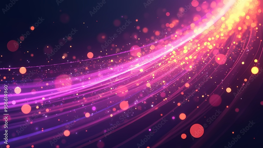 Fototapeta premium Glowing Neon Light Trails and Bokeh Effects on Deep Blue Gradient