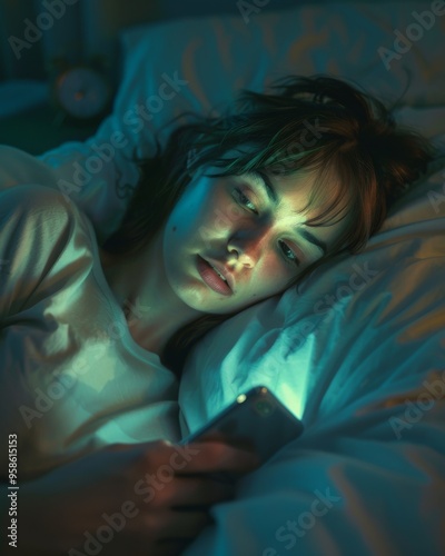 young woman lying in bed at night, illuminated only by the glow of her smartphone screen