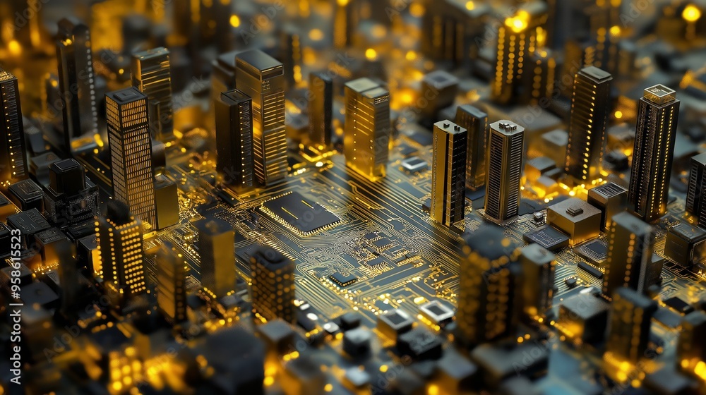 Giant golden circuit board illustrating financial technology with digital currency, skyscrapers, and stock market graphs in a futuristic setting Giant golden circuit board illustrating financial technology with digital currency, skyscrapers, and stock market graphs in a futuristic setting