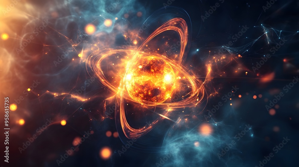 7. Abstract visualization of a dangerous atom with swirling, glowing molecules 7. Abstract visualization of a dangerous atom with swirling, glowing molecules