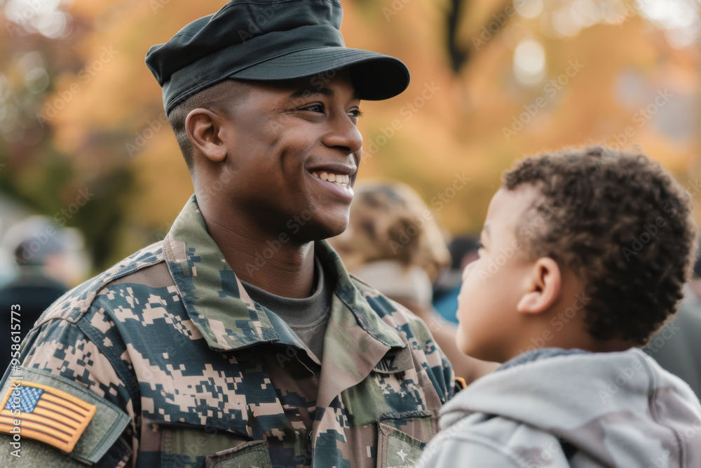 African-American soldier in uniform smiling at a child during a Veterans Day event symbolizing family and gratitude African-American soldier in uniform smiling at a child during a Veterans Day event symbolizing family and gratitude