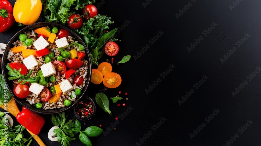 A healthy stir-fry dish with tofu vegetables and brown rice A healthy stir-fry dish with tofu vegetables and brown rice