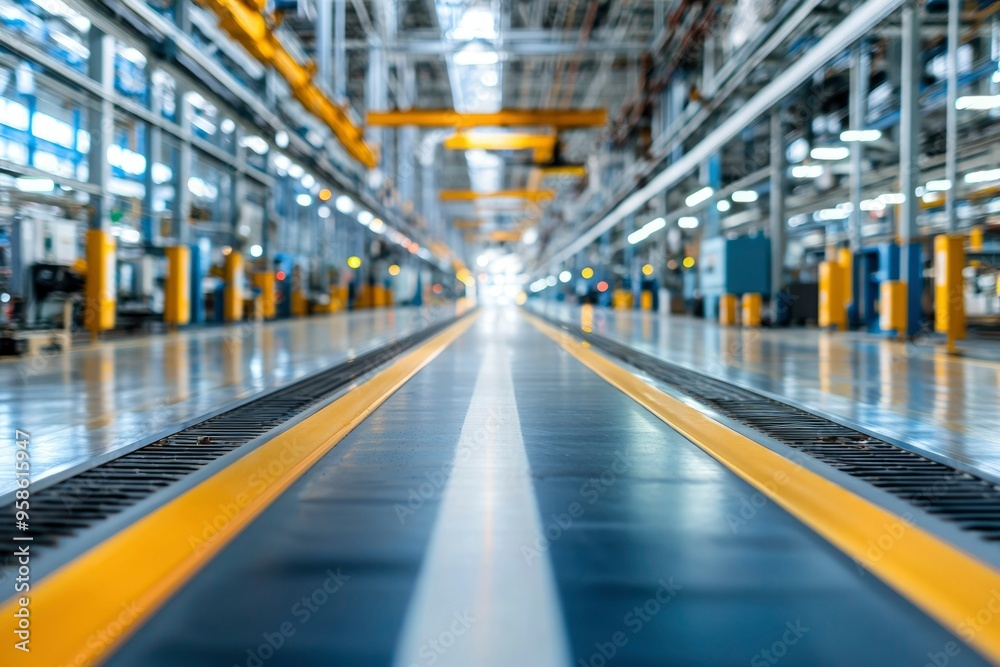 A View Down the Center of a Factory Floor with Yellow Lines A View Down the Center of a Factory Floor with Yellow Lines