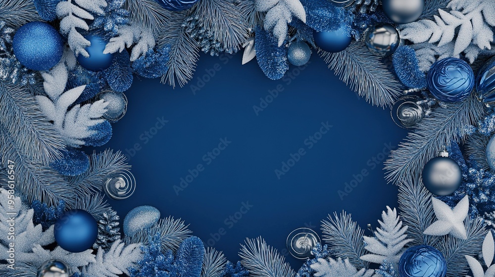 A festive blue and silver garland decorates a winter background, perfect for holiday celebrations and seasonal greetings A festive blue and silver garland decorates a winter background, perfect for holiday celebrations and seasonal greetings