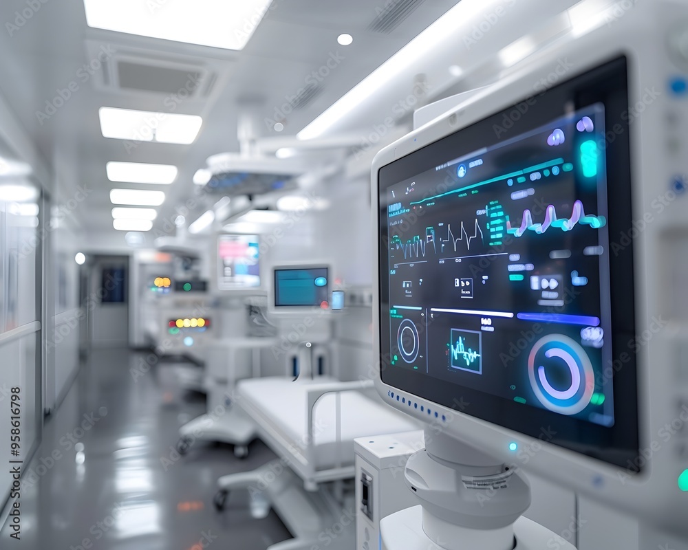 Fototapeta premium Advanced Digital Hospital Room with Automated Healthcare Systems and Futuristic Medical Monitors