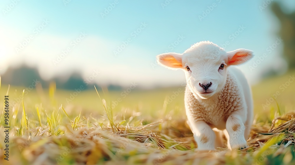 A cute lamb frolics in a sunny meadow, showcasing its playful spirit and the beauty of nature in spring. A cute lamb frolics in a sunny meadow, showcasing its playful spirit and the beauty of nature in spring.