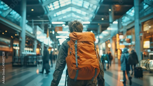 A lone traveler walks through a large, modern airport terminal, carrying a bright orange backpack.