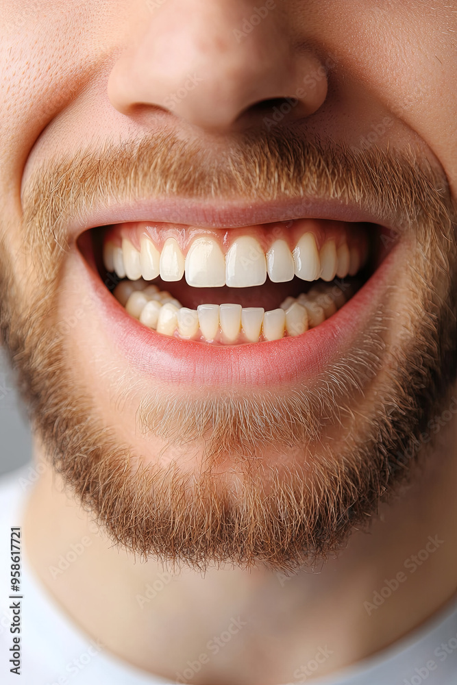 Fototapeta premium Man showing healthy gums on grey background, closeup