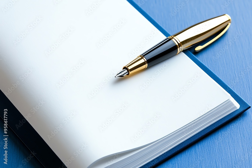 Close-up of an elegant pen resting on a blank notebook page, perfect for writing, notes, or creative ideas. Close-up of an elegant pen resting on a blank notebook page, perfect for writing, notes, or creative ideas.