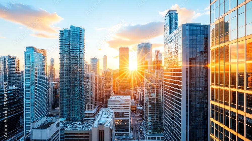 Fototapeta premium Breathtaking city skyline at sunset, showcasing modern buildings illuminated by warm golden light. Perfect for travel and urban themes.