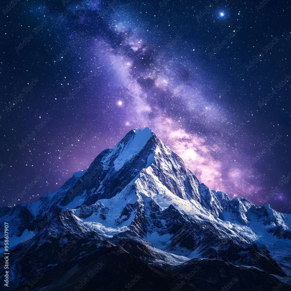 Snow mountain peak under majestic starry galaxy image Snow mountain peak under majestic starry galaxy image