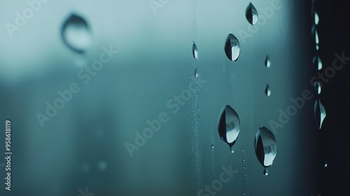 Raindrops trickle down a glass window on a cloudy day in a quiet urban setting, capturing the essence of nature's beauty and tranquility photo