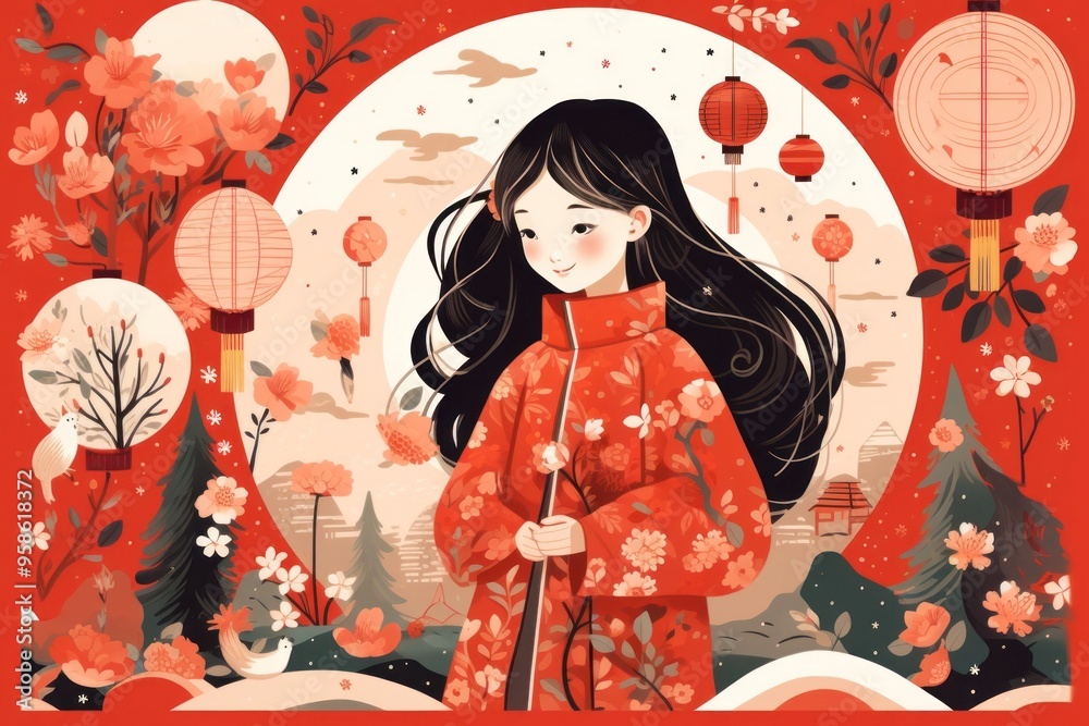 Fototapeta premium Lunar new year drawing kimono anime.