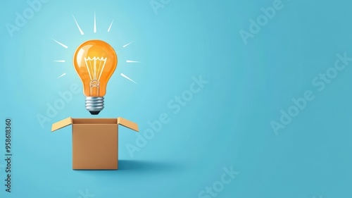 Bright lightbulb emerging from a box, thinking outside the box, flat design illustration