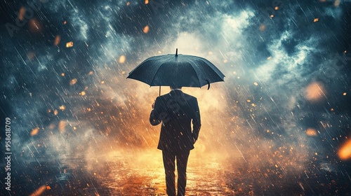 Man Holding Umbrella in Stormy Weather with Dramatic Lighting