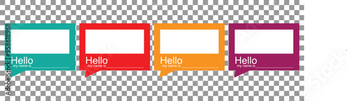 "Hello My name is" cards set. Name badge templates set on a transparent background. 