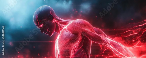 Futuristic human figure with glowing muscles and energy trails, symbolizing strength and vitality in a dynamic artistic style.
