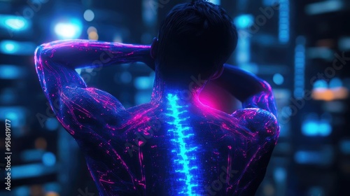 A futuristic portrayal of a human spine illuminated with neon lights, highlighting the connection between technology and anatomy.