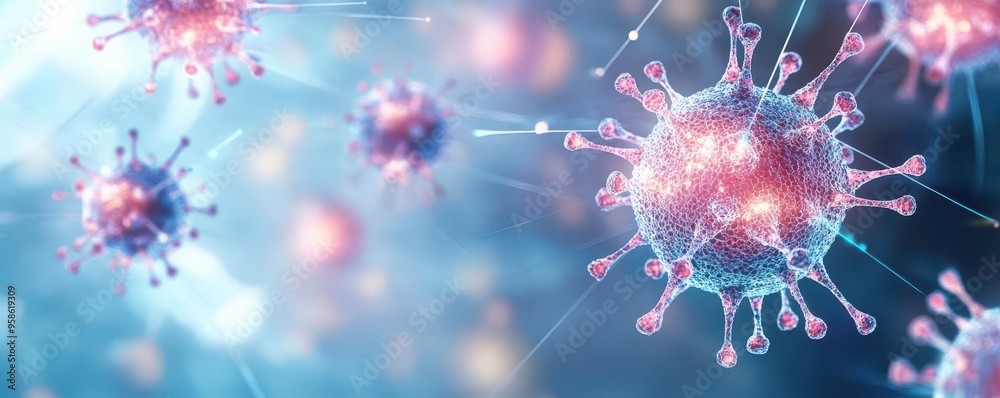 Microscopic view of viral structures being targeted by custom-made antibodies, biopharma antiviral research