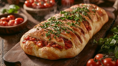 A freshly baked stromboli with a red sauce filling, topped with fresh chives, and surrounded by cherry tomatoes and basil leaves on a wooden cutting board.