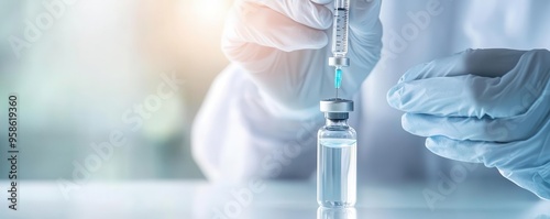 Researcher in a sterile lab injecting a new vaccine into a simulated organism, vaccine development photo