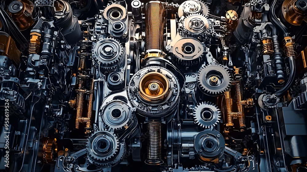 Intricate Mechanical Assembly of Interconnected Gears and Hydraulic Systems in a Detailed Technical Intricate Mechanical Assembly of Interconnected Gears and Hydraulic Systems in a Detailed Technical