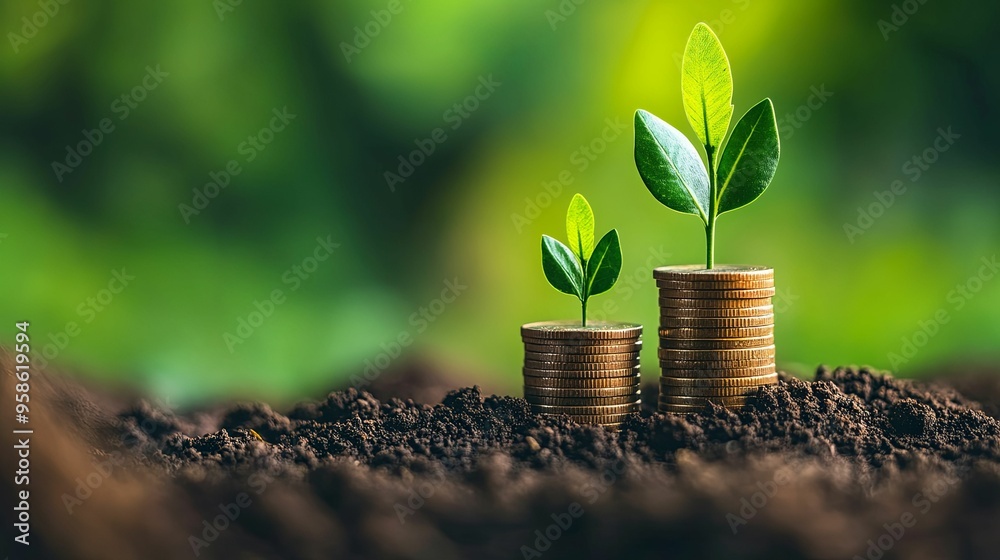 Two Small Plants Growing from Stacks of Coins in Soil Two Small Plants Growing from Stacks of Coins in Soil