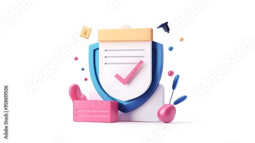 Document with shield and check mark. Health insurance, document security , data protection, finance and medical service concept. 3d vector icon. Cartoon minimal style. White background