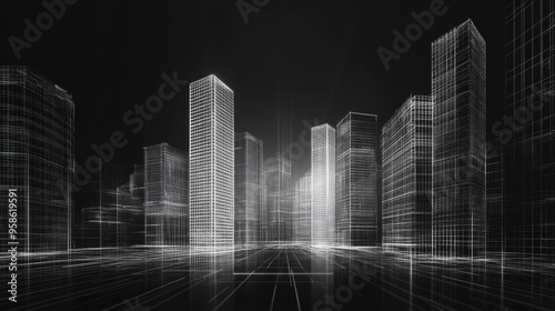 Wireframe cityscape on a dark background, with skyscrapers and buildings, with a futuristic feel.