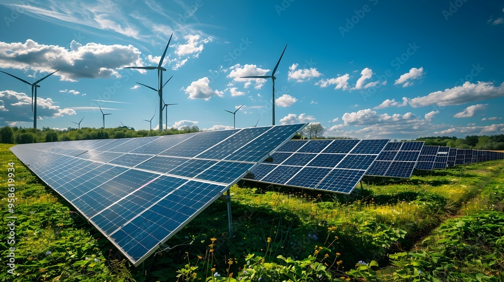 Clean Energy Farm with Solar Panels and Wind Turbines Renewable Power Production Concept Clean Energy Farm with Solar Panels and Wind Turbines Renewable Power Production Concept