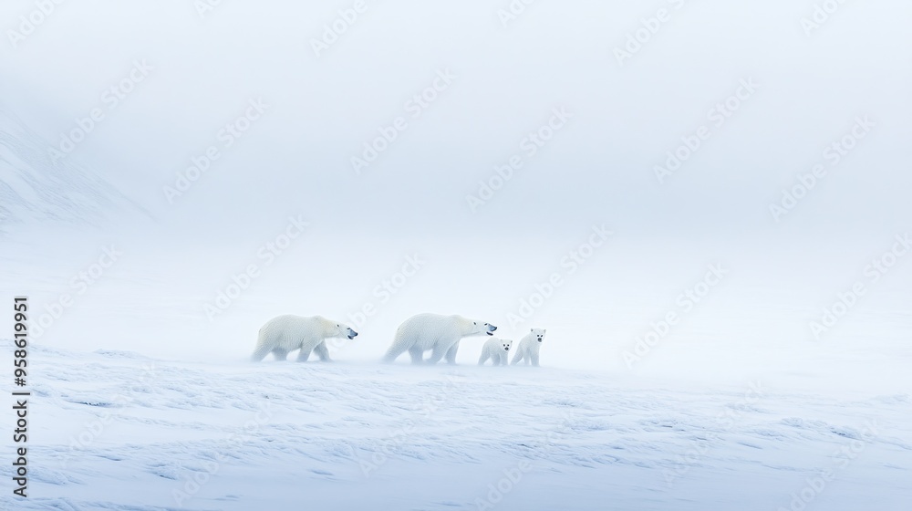 Polar Bear Family in a Snowy Arctic Landscape Polar Bear Family in a Snowy Arctic Landscape