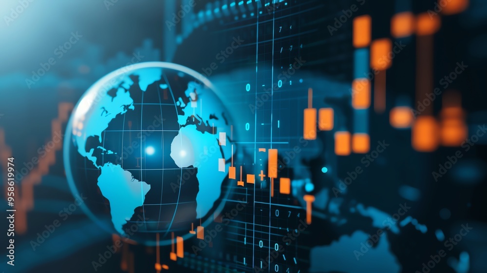 Financial chart overlaid on a digital globe, representing global data analytics, Data Analytics, Financial Trend Financial chart overlaid on a digital globe, representing global data analytics, Data Analytics, Financial Trend