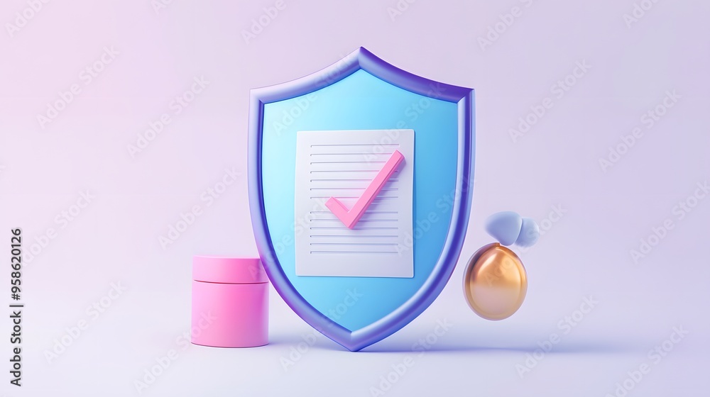 Document with shield and check mark. Health insurance, document security , data protection, finance and medical service concept. 3d vector icon. Cartoon minimal style. White background Document with shield and check mark. Health insurance, document security , data protection, finance and medical service concept. 3d vector icon. Cartoon minimal style. White background
