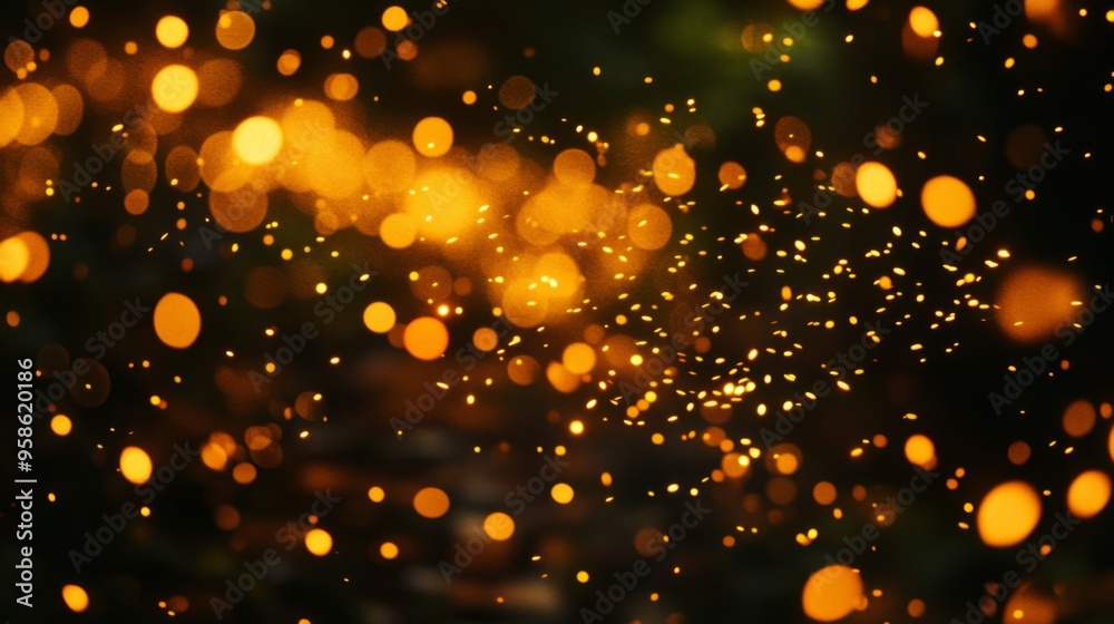 Obraz premium Abstract depiction of glowing, golden bokeh lights against a dark, blurred background, evoking a dreamy, magical, and celebratory atmosphere through soft focus and warm tones.