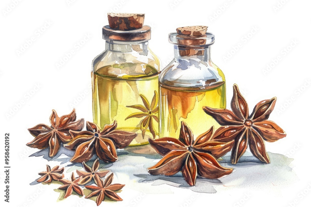 Aromatic Star Anise and Essential Oil Illustration for Natural Spa Therapy
